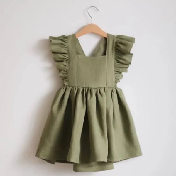 Clarita - vestido boho infantil bebê com alças reguláveis e babado + laço de cabelo - tecido linho algodão