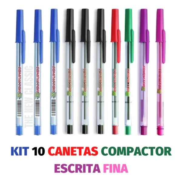 Kit Caneta Compactor Escrita Fina - Azul, Preto, Vermelho, Rosa, Roxa e Verde